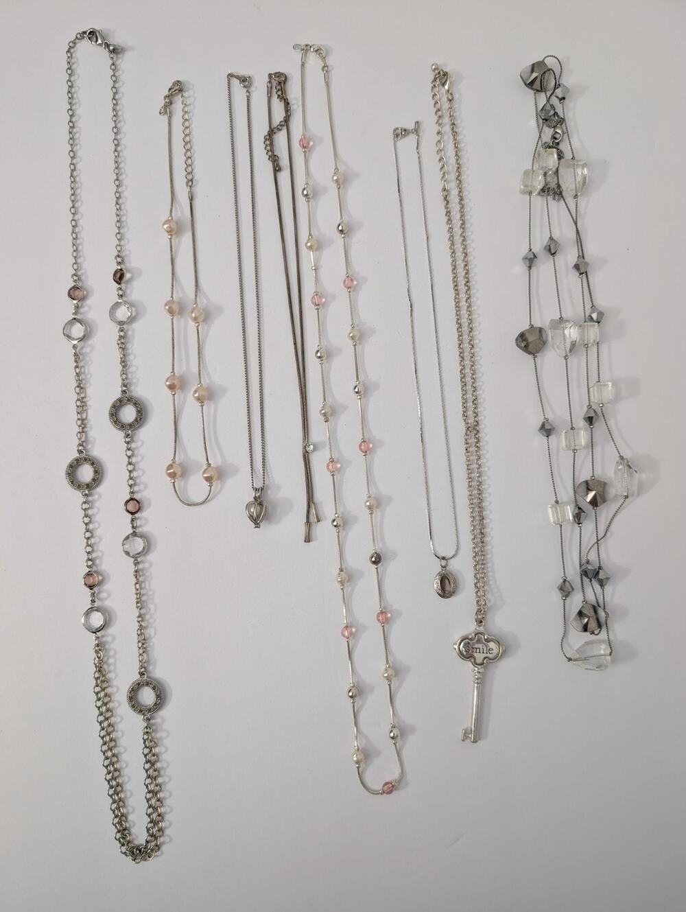 8 Delicate Layering Necklaces Lot: Silver Tone, Pink Pearl, Key Pendant, Resale